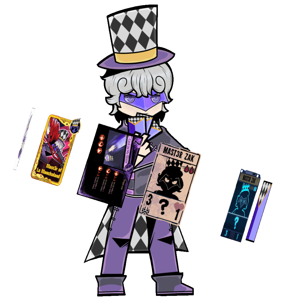 Mast3r Zak as a Limbus Company battle sprite with magic cards from various indie games flying around him